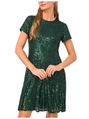 $99 CeCe Women's Green Short Sleeve Godet Sequin Dress Alpine Green Size M